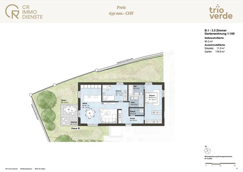 Living room, kitchen, 3 bedrooms, bathroom, terrace, entrance, storage