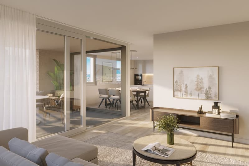 modern living room with large windows, sliding glass doors leading to a balcony, wooden floor, white walls, a coffee table with a magazine, a couch, a TV stand, and a dining area with a table and chairs