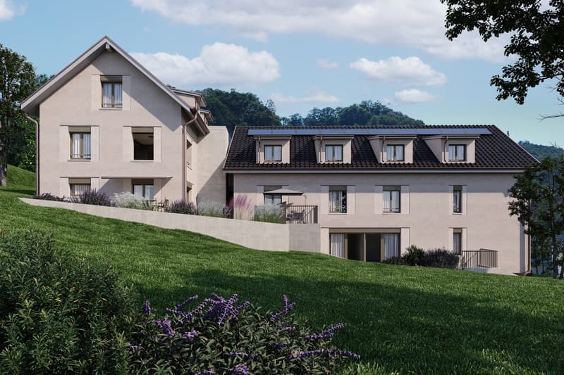 2 story house, raised ground floor, solar panels on the roof, green lawn, garden