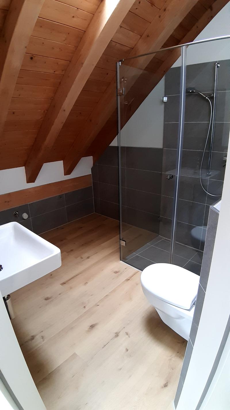 Bathroom with wooden floor, white sink, glass shower enclosure, white toilet, wooden ceiling