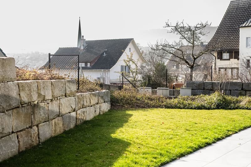 Large lawn, stone wall, path, two houses, tree