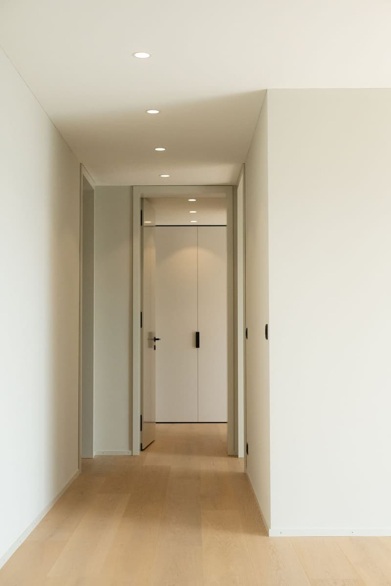 Empty hallway, white walls, wooden floor, recessed lighting