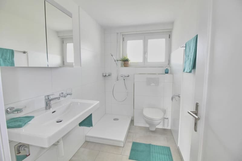 Helles Badezimmer mit Dusche, WC und Lavabo