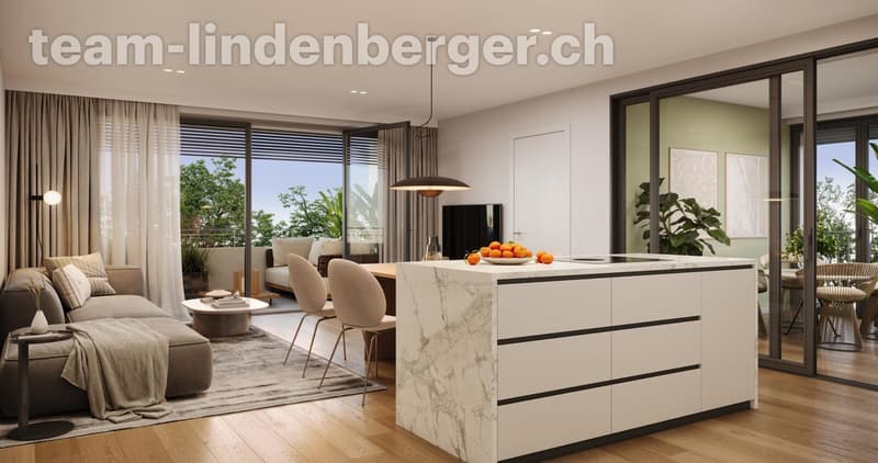 Wohnbereich (offener Küche mit Kochinsel), Balkon und Wintergarten