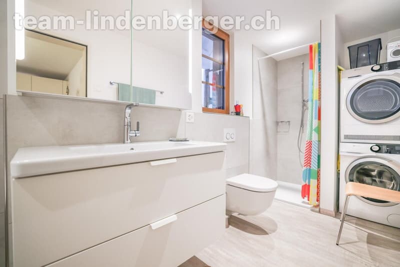 Badezimmer mit Dusche, Badewanne und Waschturm