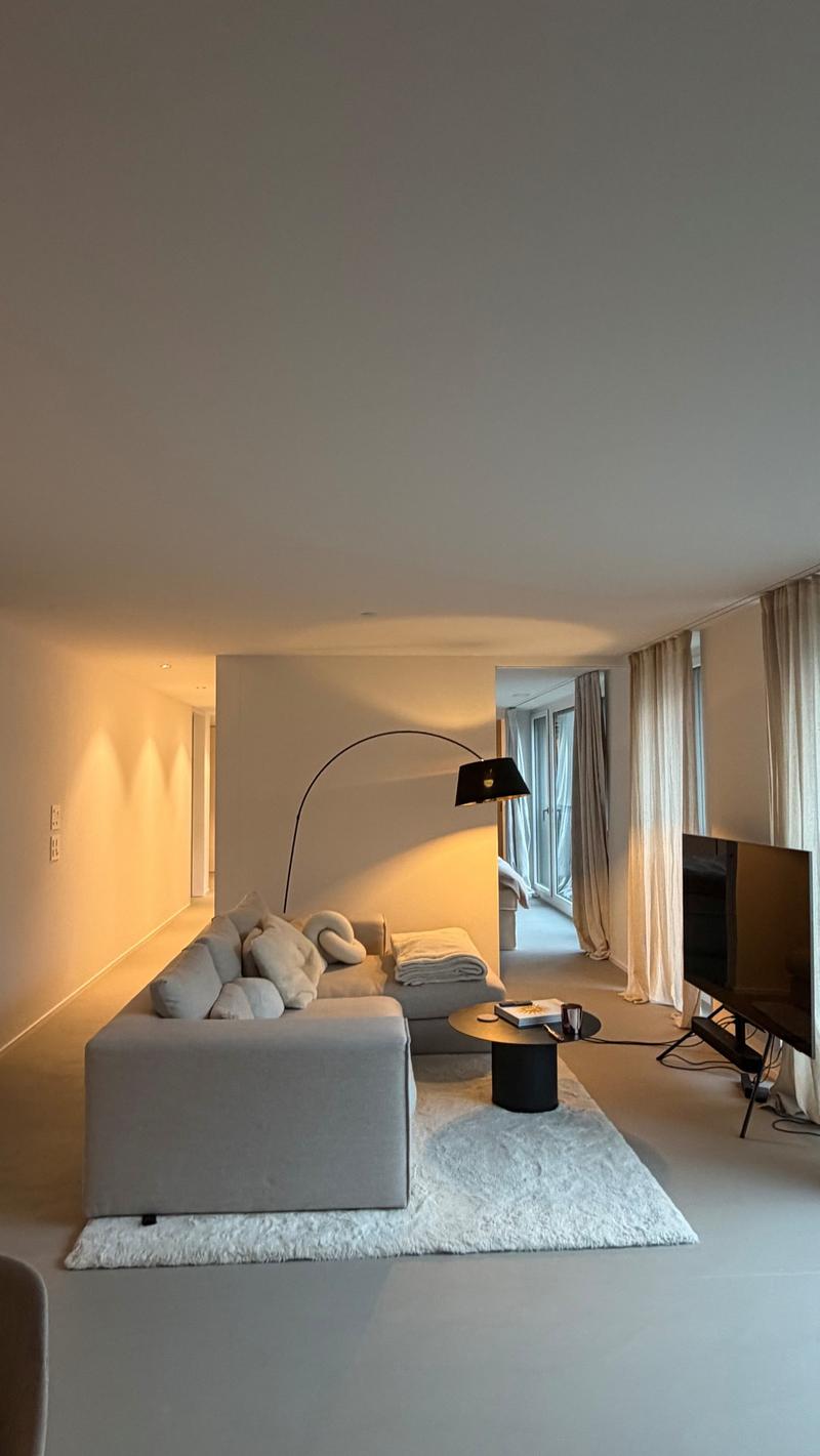 Modern living room with floor to ceiling windows, large sofa, dark wood coffee table, floor lamp, flat screen television, beige rug