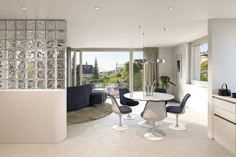 Modern dining area with dining table, 4 chairs, wall-mounted lights, glass partition wall, balcony, beige flooring