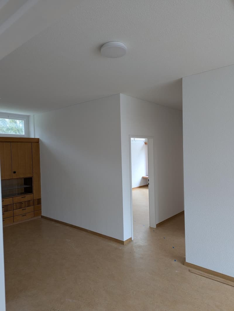 empty room, white walls, wooden floor, ceiling light, wooden cabinet, window