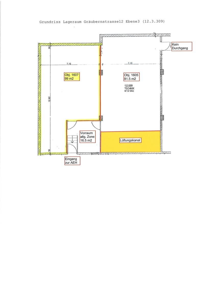 Floor plan of a storage room with dimensions and areas labeled, including a ventilation channel and a supply entrance.