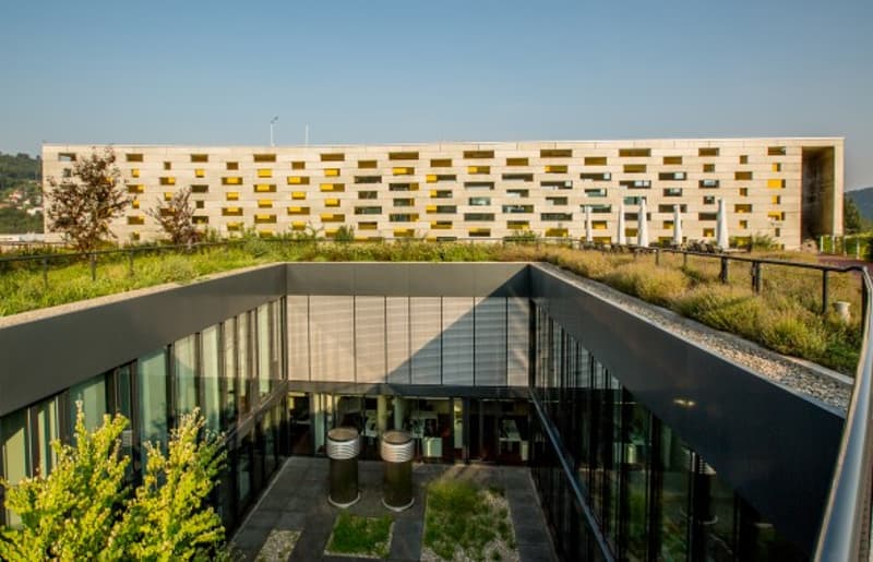 modern building, green roof, glass walls, yellow windows, large courtyard