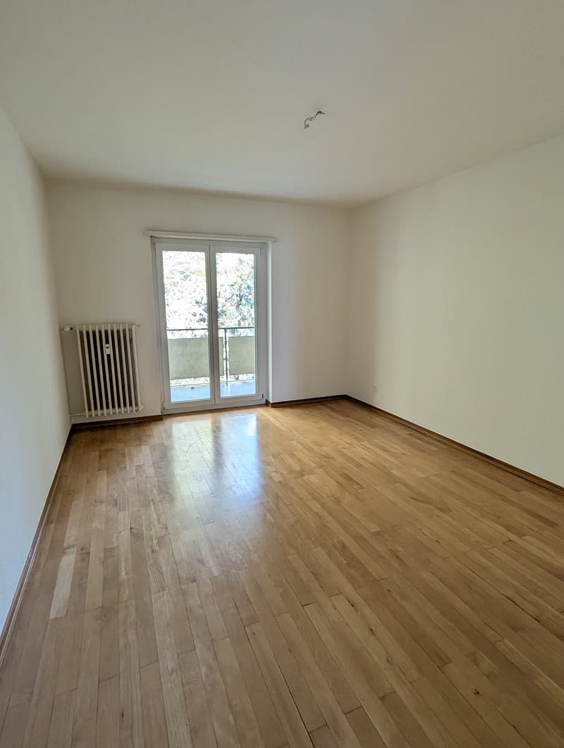 empty room, wooden floor, white walls, sliding glass door, balcony, radiator