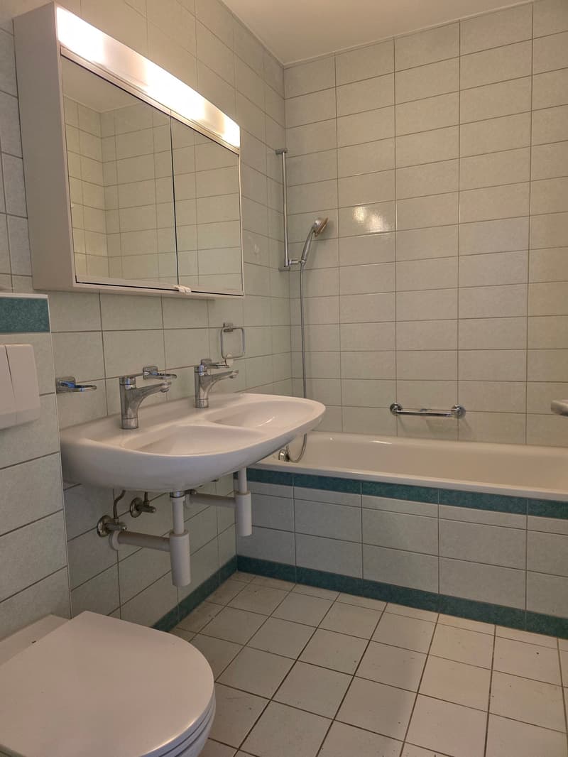 Bathroom with white tiles, a double sink, a bathtub, a toilet, and a mirror with a light above it.
