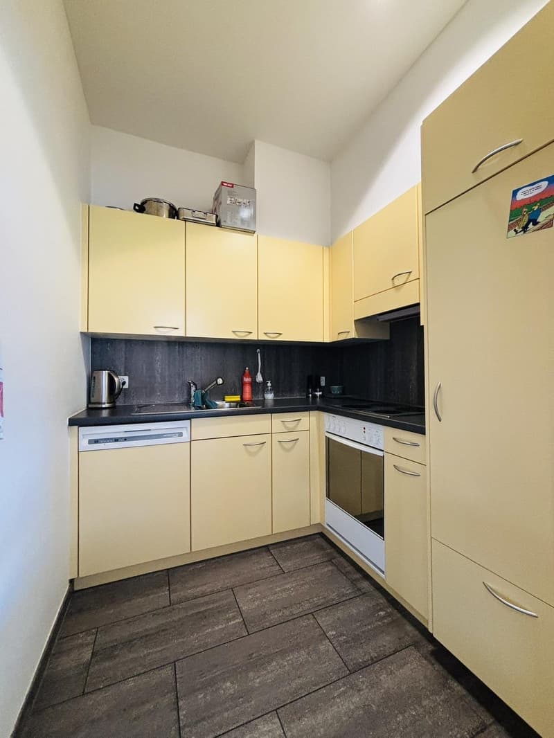 Modern kitchen, cream cabinets, dark countertops, integrated appliances, tiled floor, stainless steel and wooden accents.
