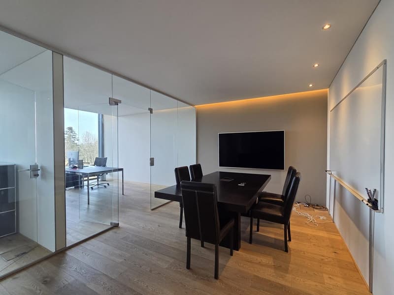 modern office with glass walls, wooden floors, conference table, flat screen TV, office desk