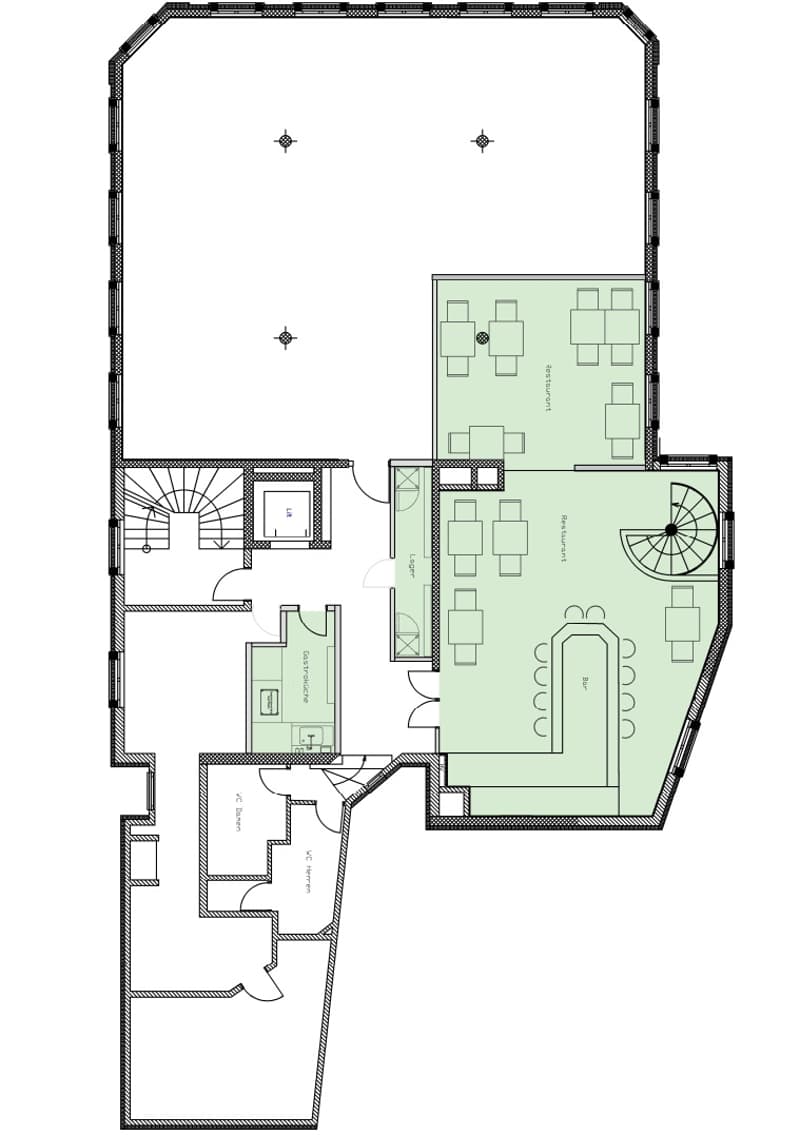 Main floor with living room, dining room, kitchen, 2 bedrooms, 2 bathrooms, balcony, restaurant, bar, lobby