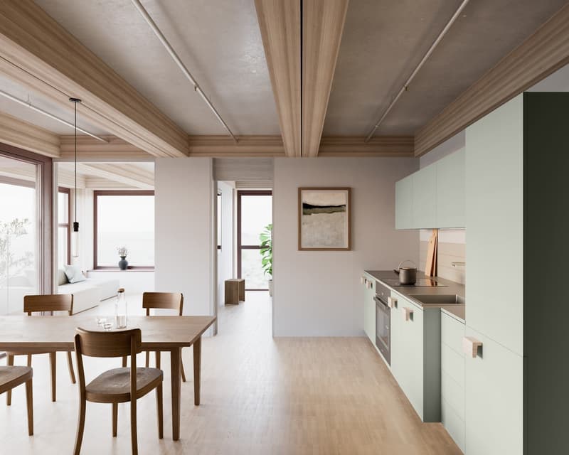 Visualization of kitchen, parquet flooring, kitchen in sage green
