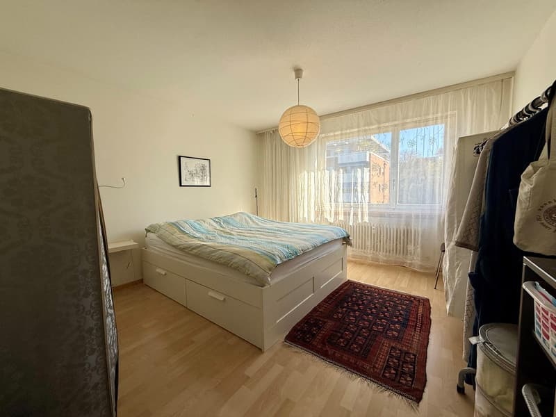 bedroom with bed, rug, white walls, wooden floor, window with curtains, picture frame, lamp