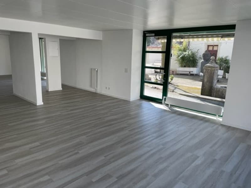 empty room, wooden floor, large glass door, white walls, heater