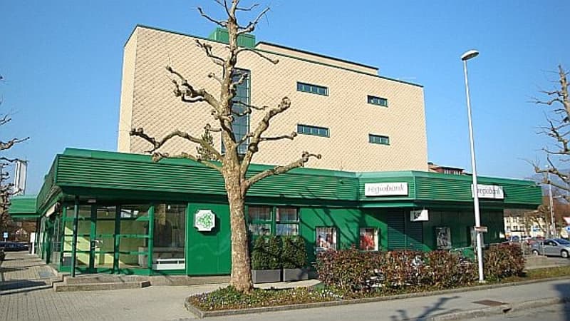 Commercial building, green facade, glass windows, entrance with two sets of doors, trees, and plants in front.