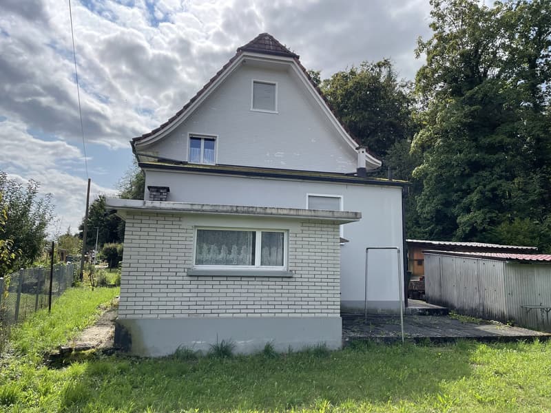 white house, brick walls, brown roof, garden in front, metal fence, storage shed, garage