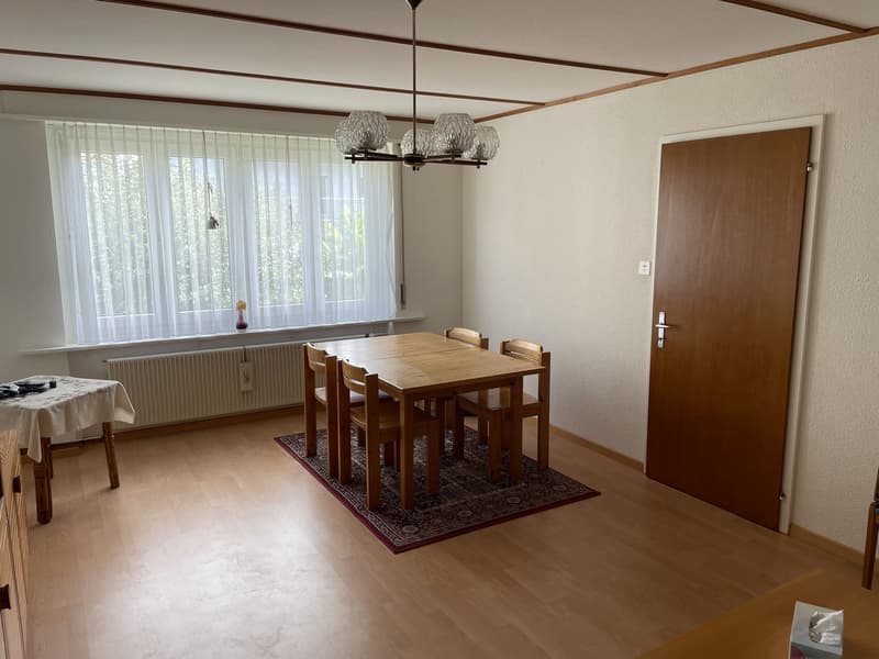 dining room with wooden table and chairs, chandelier, window with curtains, radiator, brown door