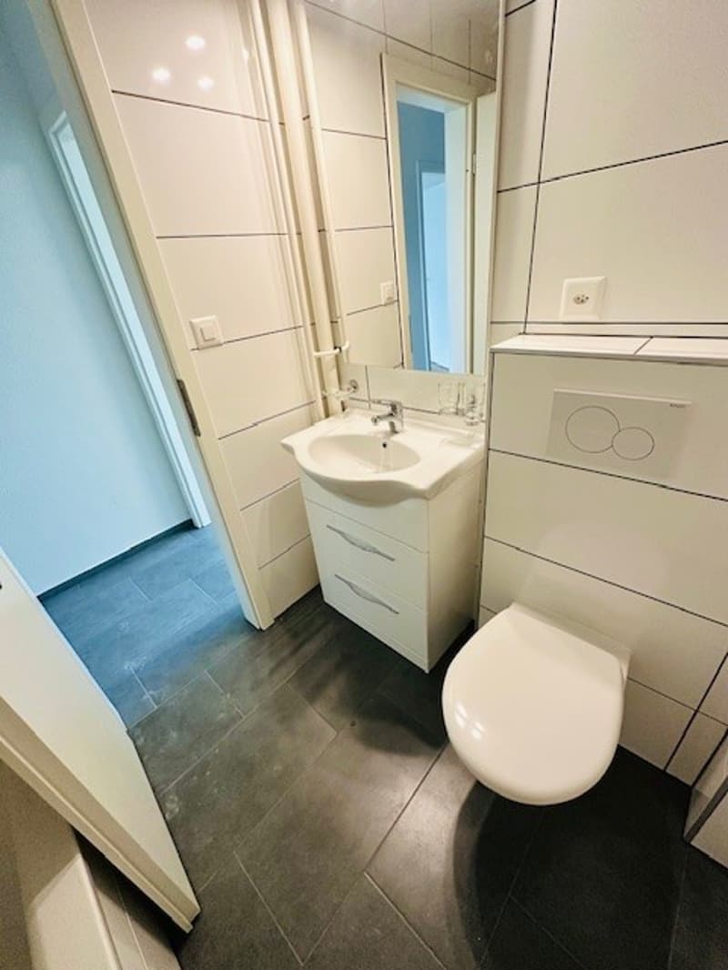 Bathroom with white tiles, white sink, mirror, toilet, and blue floor