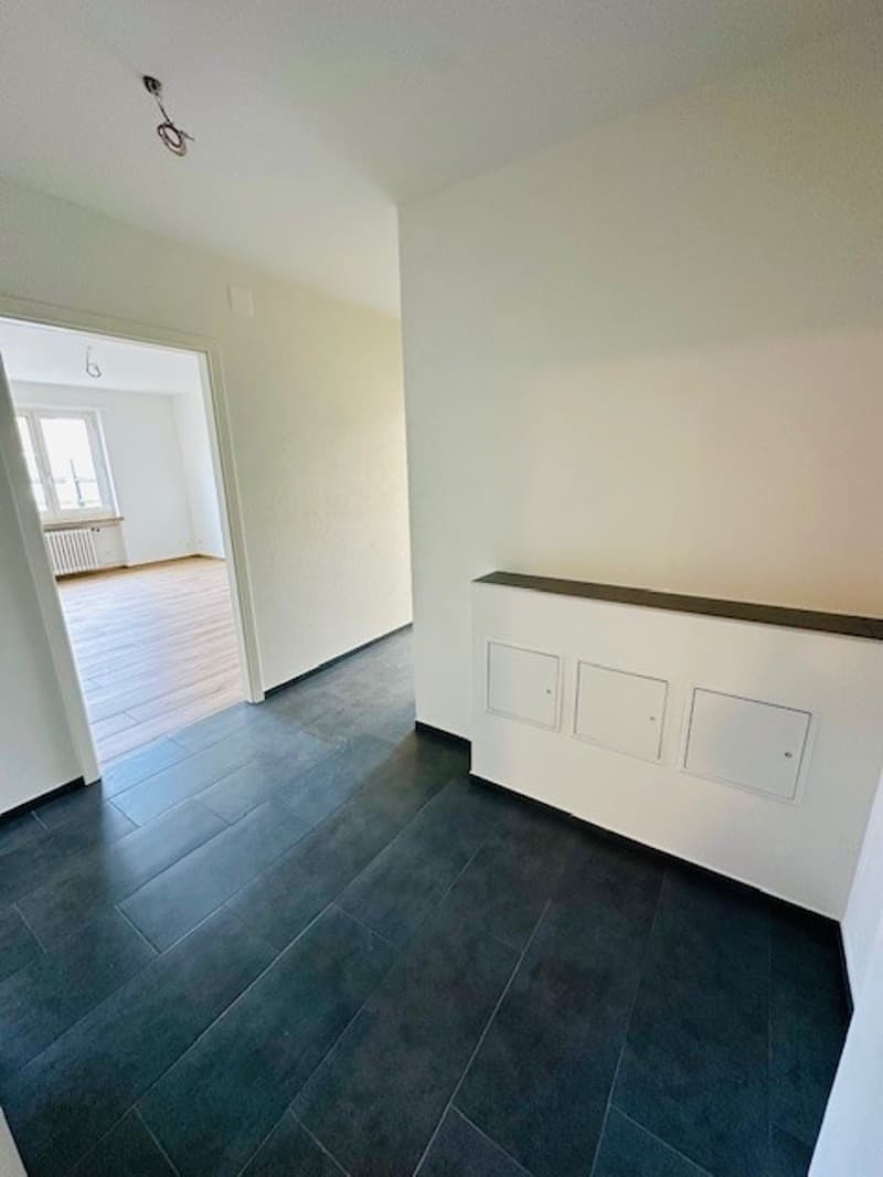 Empty room with white walls, black tiles, wooden floor, window, radiator, and three white square boxes on the wall