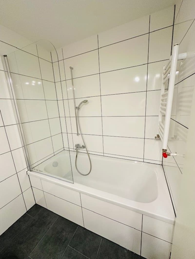 white tiles, white bathtub, glass shower enclosure, white towel rack