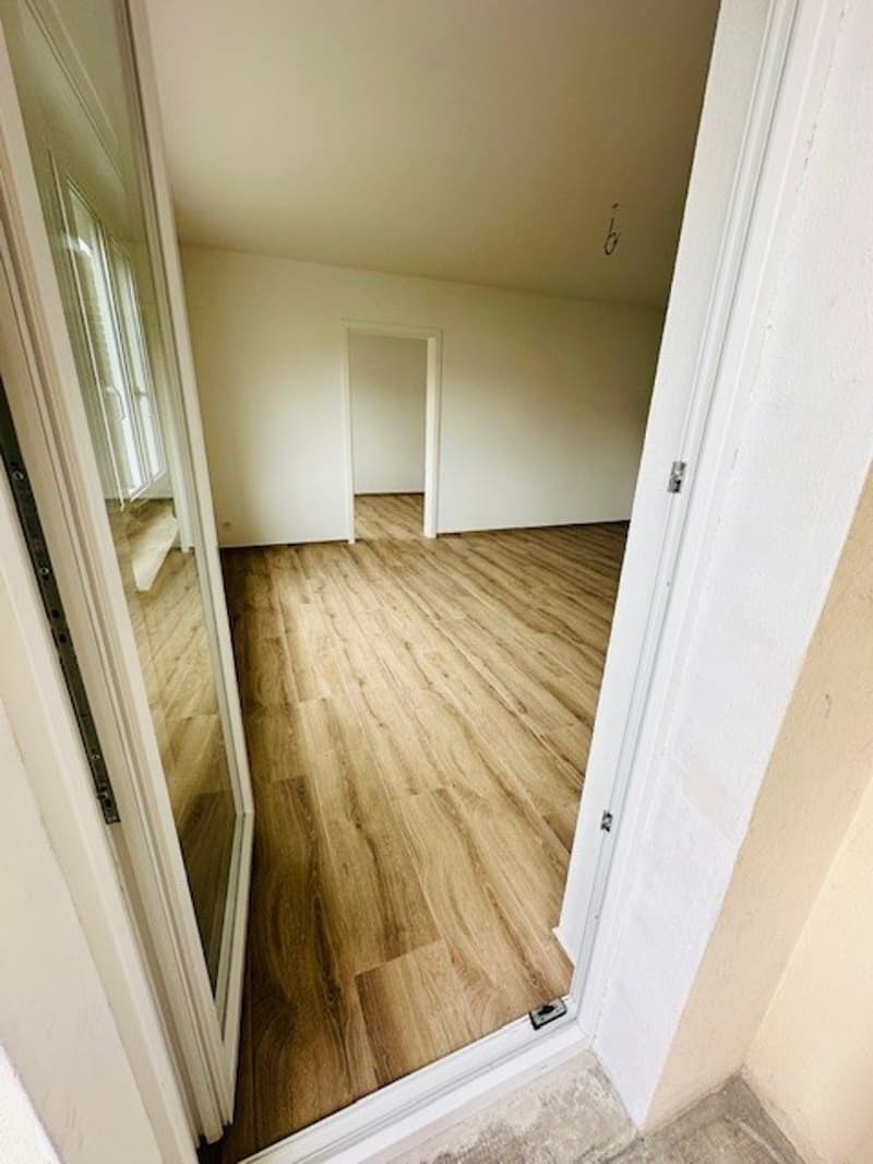 Empty room with wooden floor, white walls, and glass door