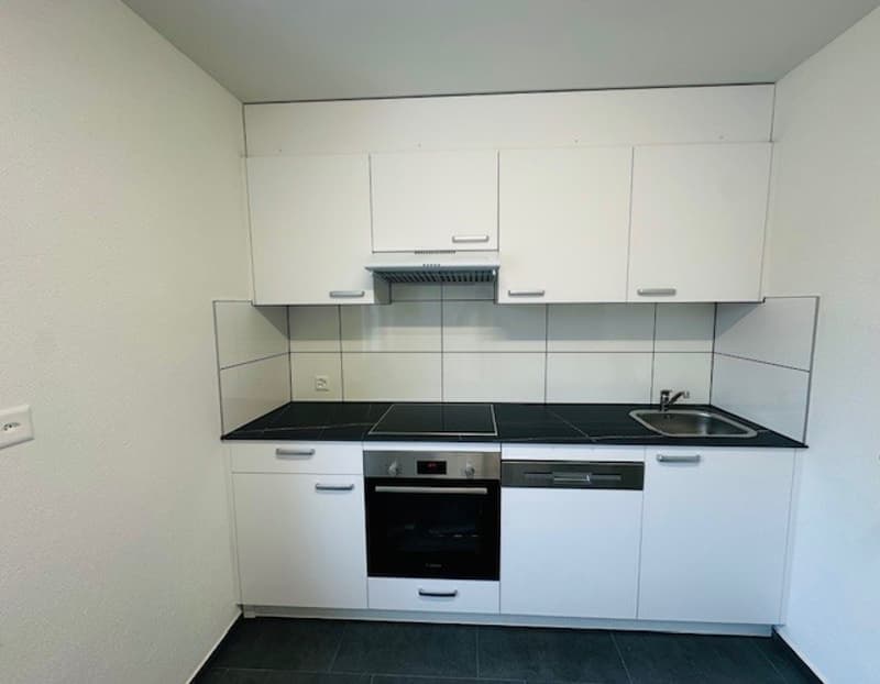 modern kitchen with white cabinets, black countertops, stainless steel appliances, and tiled backsplash