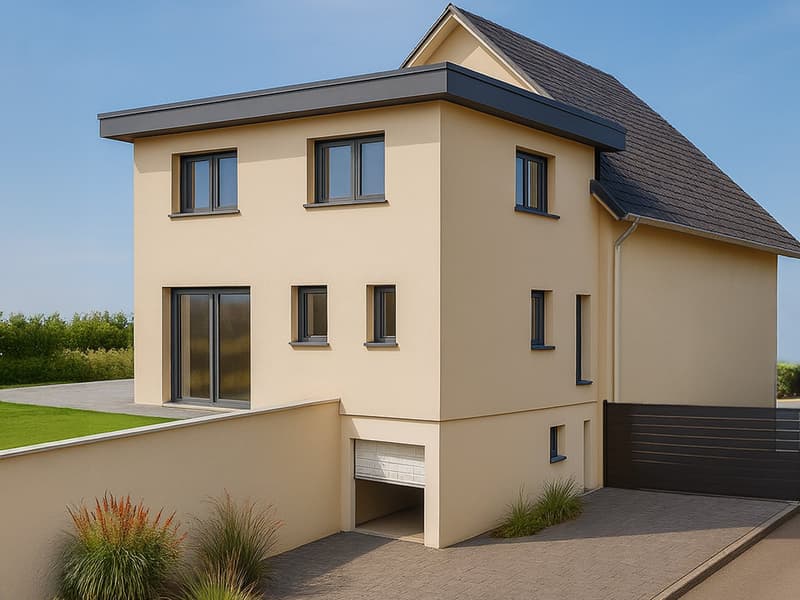 2 story house, beige exterior, dark gray roof, garage entrance, windows, lawn