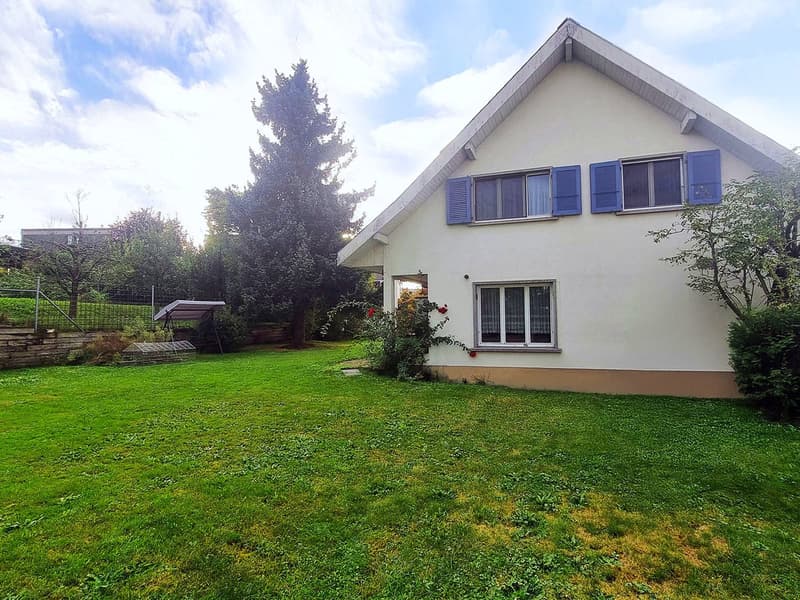 single family house, white facade, blue shutters, well maintained garden, green lawn