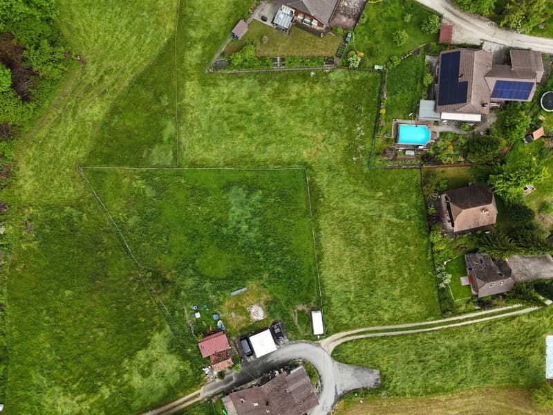 Empty building plot with green grass, a swimming pool near a house, and a garage.