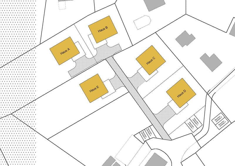 residential units: Haus A, Haus B, Haus C, Haus D, Haus E, with several parking spots
