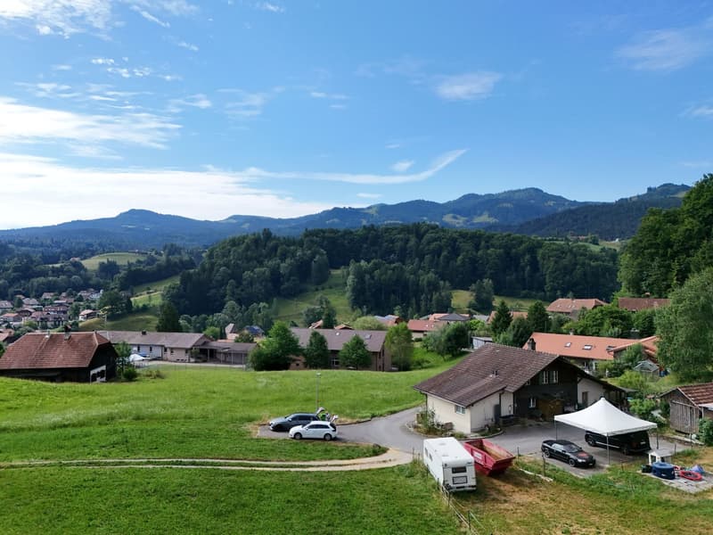 House with green surroundings, mountains in the distance, a canopy in front