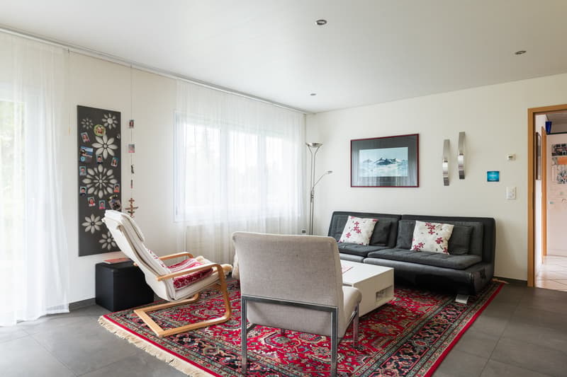 Spacious living room with large windows, gray sofa, armchair, red patterned rug, wall decor, and framed artwork