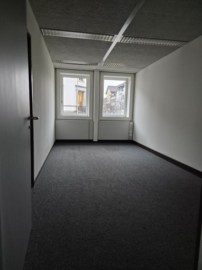 Empty room, two windows, white walls, black door, gray floor