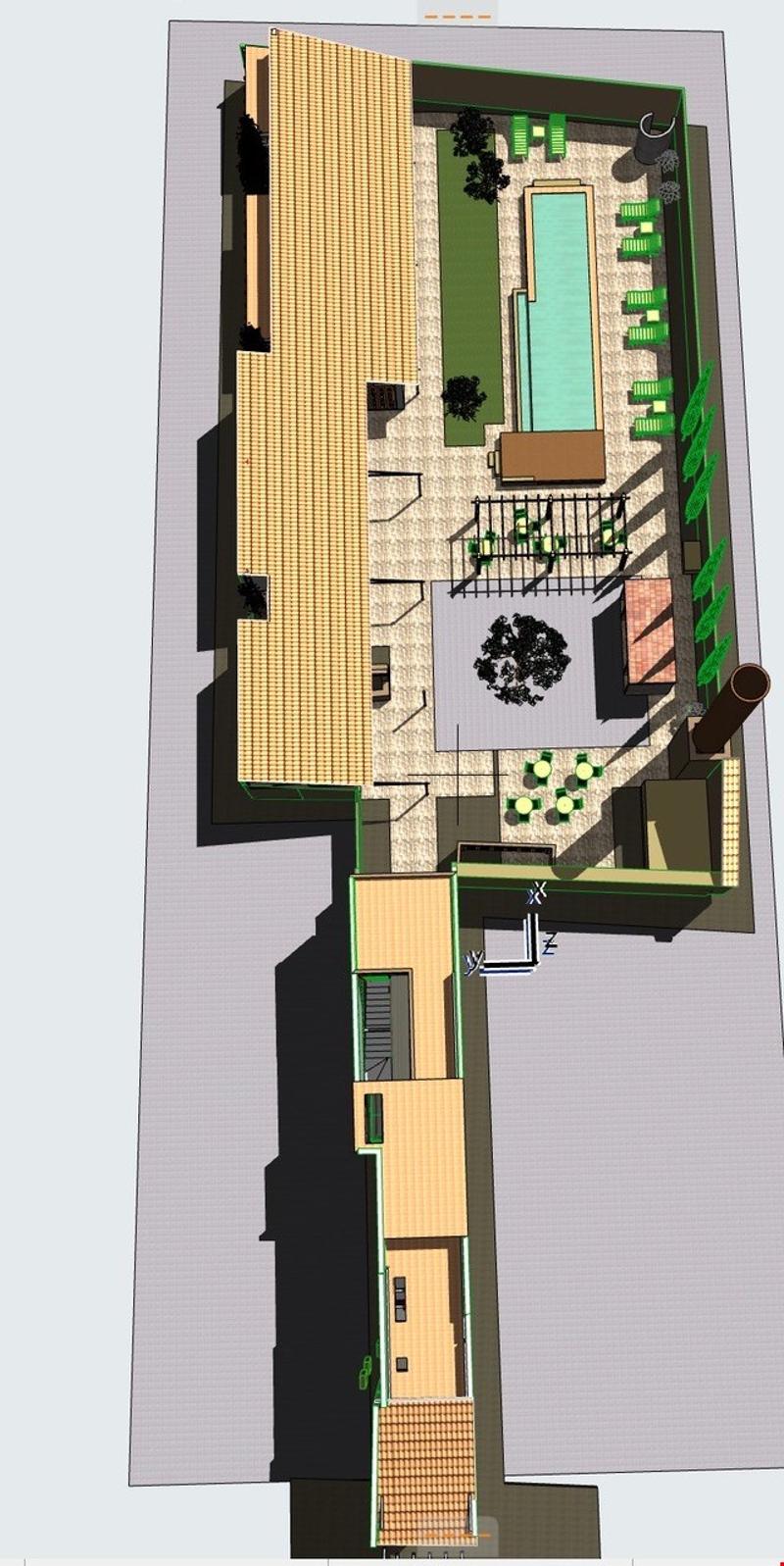 swimming pool, several seating areas, balconies, raised ground floor