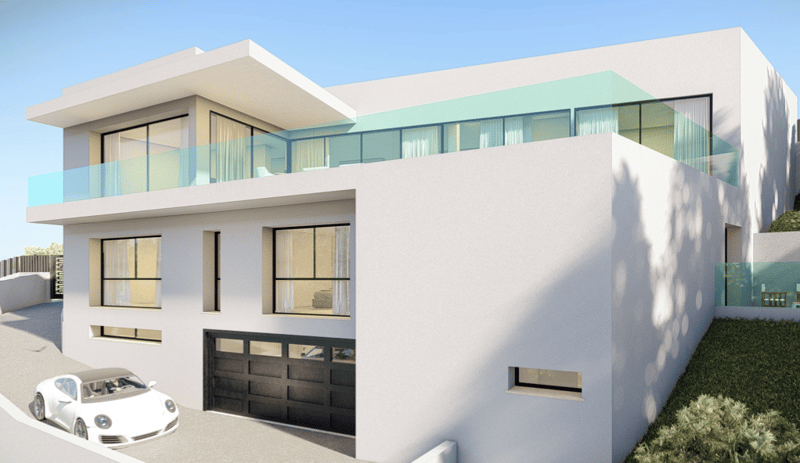 2 story modern house with white exterior, large windows, balcony, and a garage