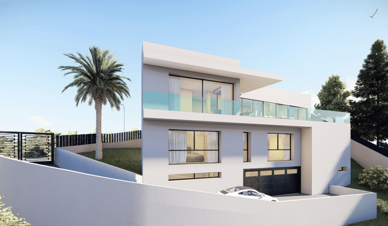 2-story modern white house with large windows, balcony, and garage
