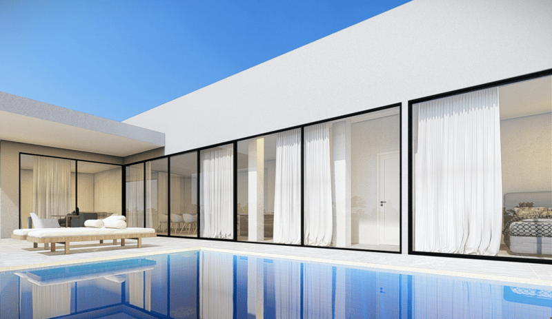 Modern two-story house with large glass windows, white exterior, and a swimming pool in the backyard.