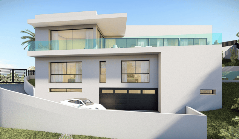 2-story modern house with white exterior, large windows, balcony, and a garage door on the ground floor