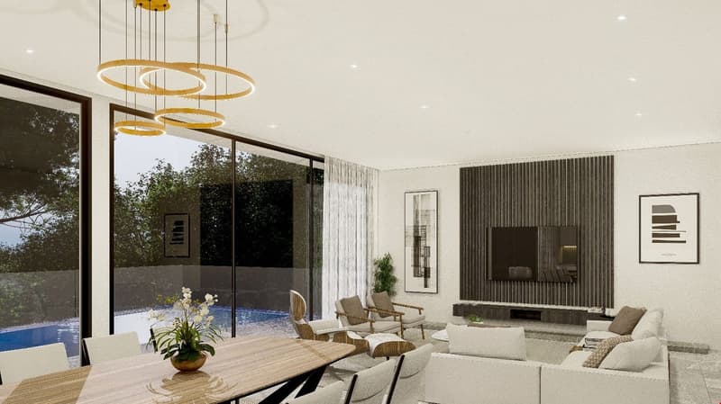 Spacious open-plan living area with a dining table, comfortable seating, and a large window overlooking an outdoor swimming pool. The room features modern lighting fixtures, a sleek TV unit, and minimalist decor with neutral tones and natural elements.