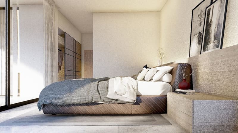 Spacious bedroom with large windows, modern platform bed, nightstand, and artwork on the walls.