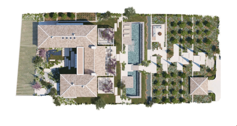 The image shows a detailed floor plan of a residential property. The property appears to have multiple buildings or structures, including a main house with a swimming pool. The layout includes various rooms and outdoor spaces, with a mix of different arch