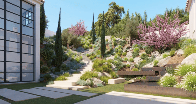Lush, well-landscaped garden with a variety of plants, including cypress trees, flowering shrubs, and succulents. The garden features a winding path with steps leading up to a patio or terrace area. The overall design creates a serene and picturesque outd