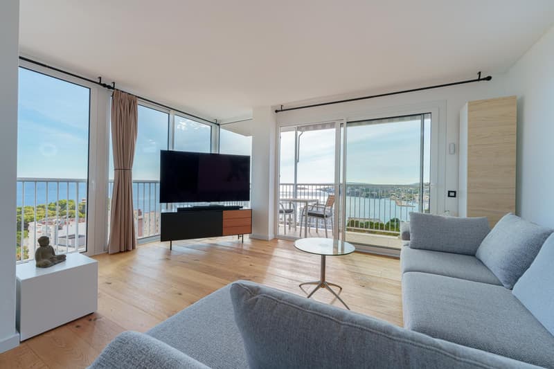 Spacious living room with large windows and sliding glass doors leading to a balcony, offering a scenic view. The room features hardwood floors, a TV console, and comfortable gray sofas.