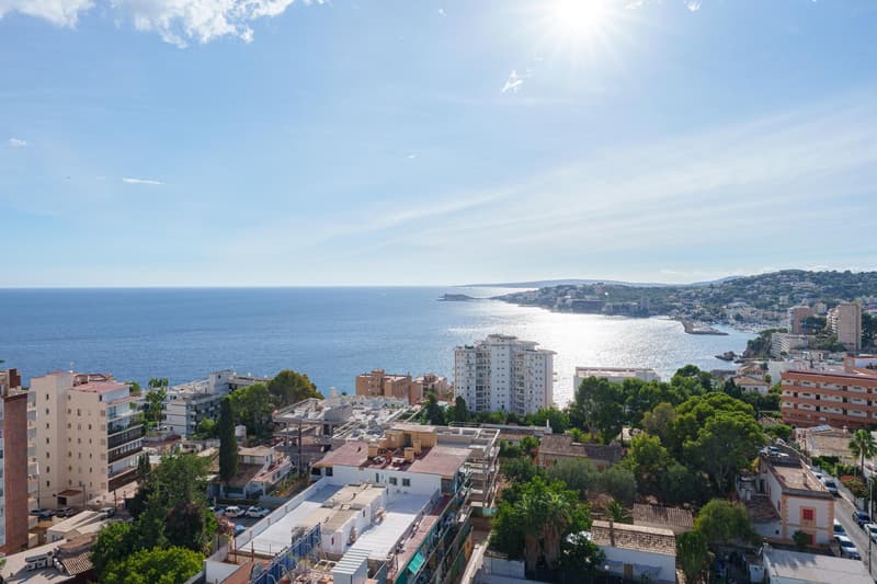 The image shows a panoramic view of a coastal city. The city is situated along the coastline, with the blue ocean visible in the background. The cityscape is composed of a mix of high-rise buildings, residential structures, and lush greenery. The sun is s