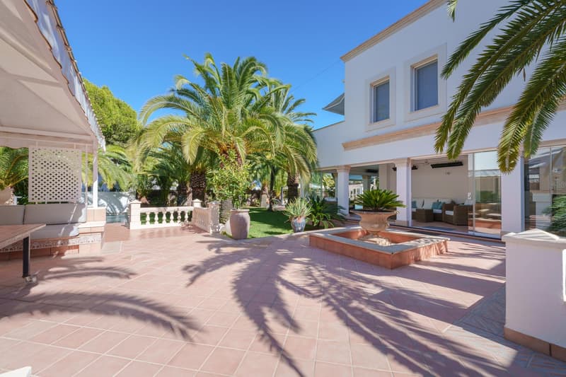 Spacious outdoor patio with palm trees, tiled flooring, and a swimming pool. The building has a Mediterranean-style architecture with white walls and arched windows. There are lounge chairs and a water feature on the patio.