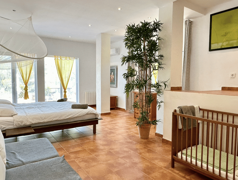 Spacious bedroom with large windows, hardwood floors, a bed, a crib, and a large potted plant. The room has an open and airy feel with natural light coming in.